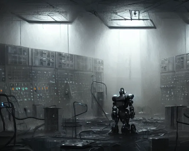 Image similar to gloomy ruined server room in datacenter painting concept art of robot knight colossus mono eyed, sharp focus, emitting diodes, smoke, artillery, pacing, computers, racks, motherboard, by pascal blanche rutkowski repin artstation hyperrealism detailed matte painting, 4 k resolution blade runner