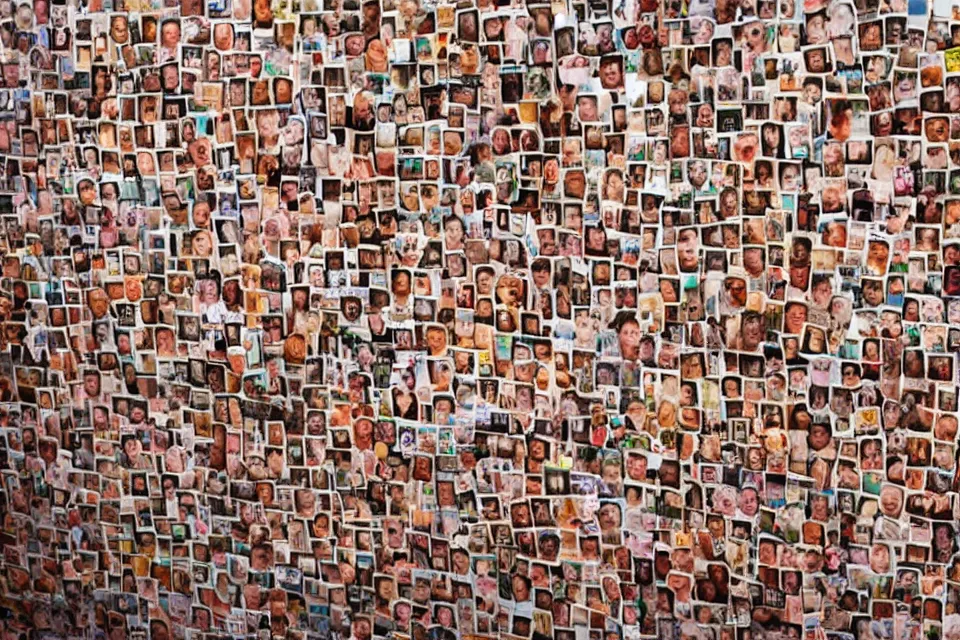 Prompt: a wall covered in hundreds of photos of people holding hotdogs