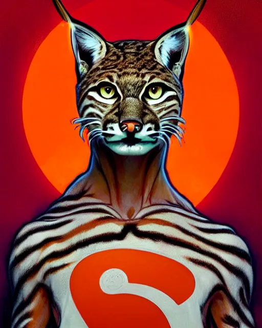 Prompt: male bobcat alien with orange fur and a white t - shirt with a red exclamation mark, full body, art by artgerm and greg rutkowski and alphonse mucha