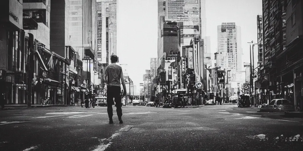 Prompt: city street, a person in center frame, future retro, cinematic, atmospheric, underexposed, long lens, cinematography by greig fraser