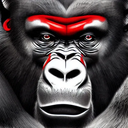 Prompt: bored ape nft, red black white art style, gorilla, 4 k