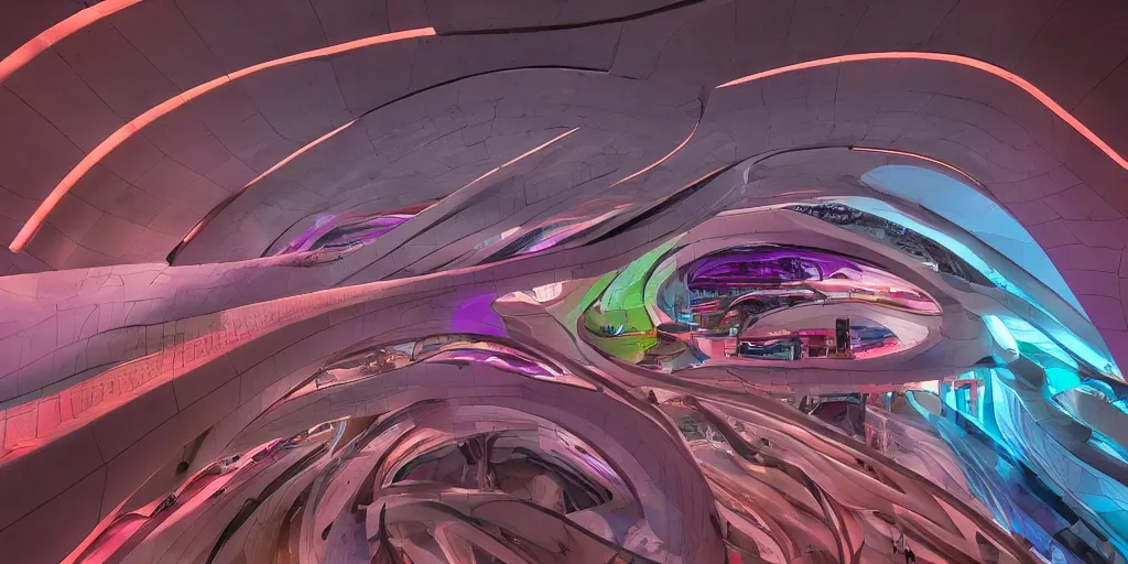Image similar to extremely detailed stunning beautiful futuristic smooth curvilinear museum interior, colorful, hyper real, 8k, 3D cinematic volume light