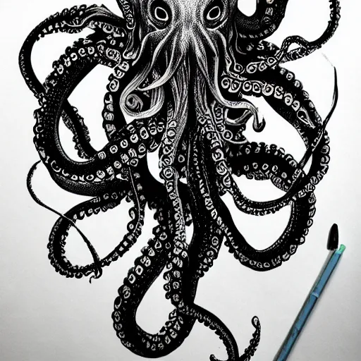 Prompt: black ink on paper, alien octopus, trending on artstation, beautiful, intricate, detailed