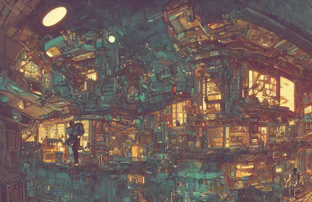 Image similar to Stunningly intricate illustration of a cyberpunk explorer playing video games in his treehouse, highly detailed, midnight, by Victo Ngai and James Gilleard , Moebius, Laurie Greasley