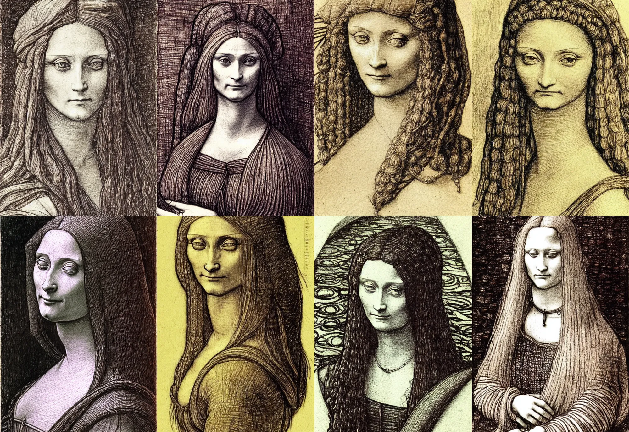 Prompt: highly detailed drawing of a woman with long hairs, leonardo davinci, detailed and intricate environment