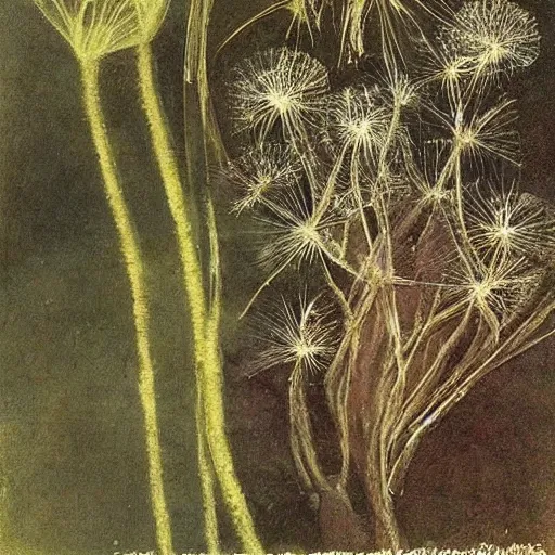 Image similar to a beautiful fairytale painting of a dandelion seed that is also a fairy. the dandelion seed is the body of the fairy. beautiful clear painting by arthur rackham