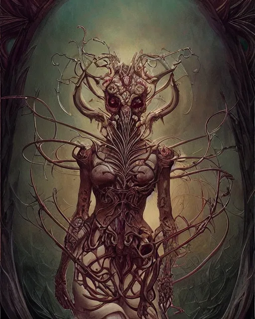 Image similar to perfectly centered portrait front view of a angry dead rotten beautiful female daemon growing ornamentation, ornate, detailed, symmetrical, elegant, beautifully soft lit, by wayne barlowe, peter mohrbacher, kelly mckernan