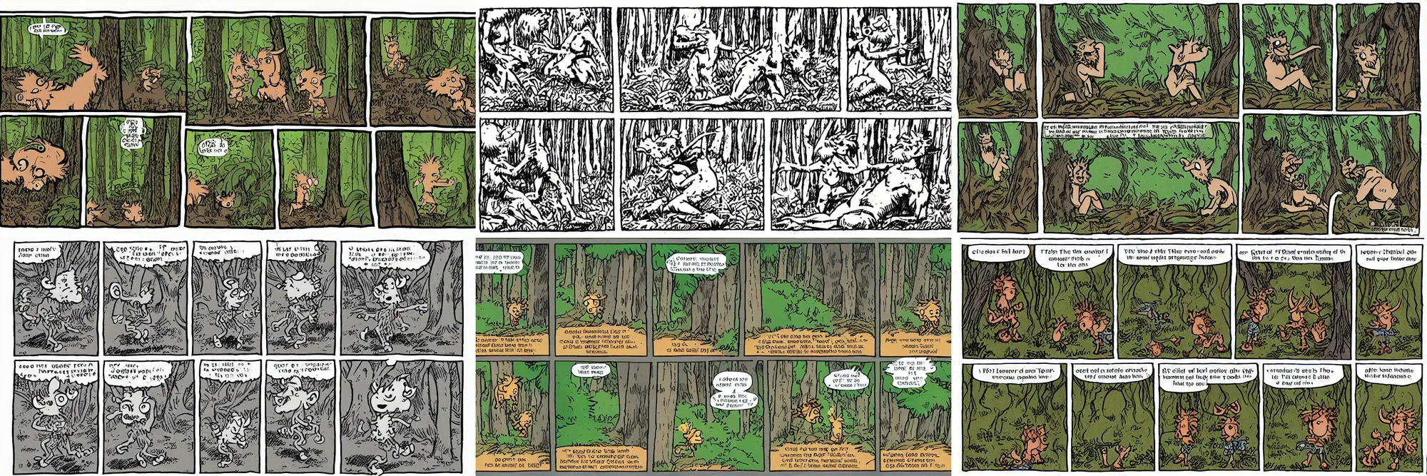 Prompt: three-panel comic about satyrs in the forest by Bill Watterson
