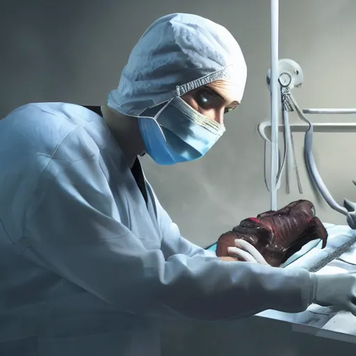 Prompt: a highly detailed photographic render of a surgeon operating on a specimen, creature, outlast, outlast 2, outlast game, horror, dark fantasy, beautifully lit, ray traced, octane 3D render in the style of Gerald Brom and James Gurney