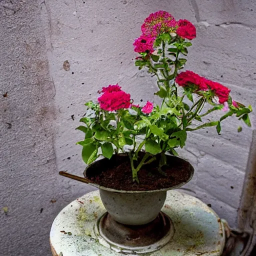 Prompt: flowers growing out of a decayed lamp