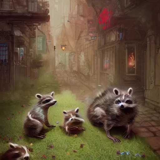 Image similar to Frank Dillane, petting raccoons, comical, funny, cute, cartoon, digital painting, old english, whimsical background by marc simonetti, artwork by liam wong