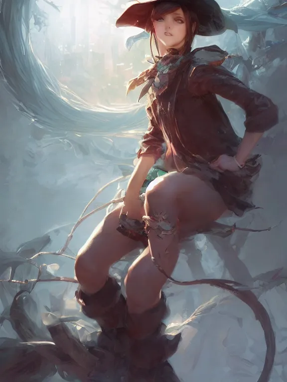 Image similar to A mischievous young witch about to get up to some trouble. Elegant. Smooth. By Ruan Jia and Artgerm and Range Murata and WLOP. Key Art. Fantasy Illustration. award winning, Artstation, intricate details, realistic, Hyperdetailed, 8k resolution.