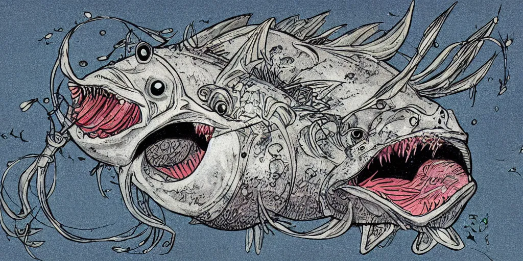 Prompt: illustration of an angler fish, in the stle of yoshi yoshitani, deep sea, large mouth filled with pointed teeth, stylized linework, ornamentation, artistic, muted color wash