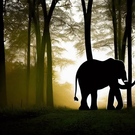Prompt: a silhouette of an elephant in the forest