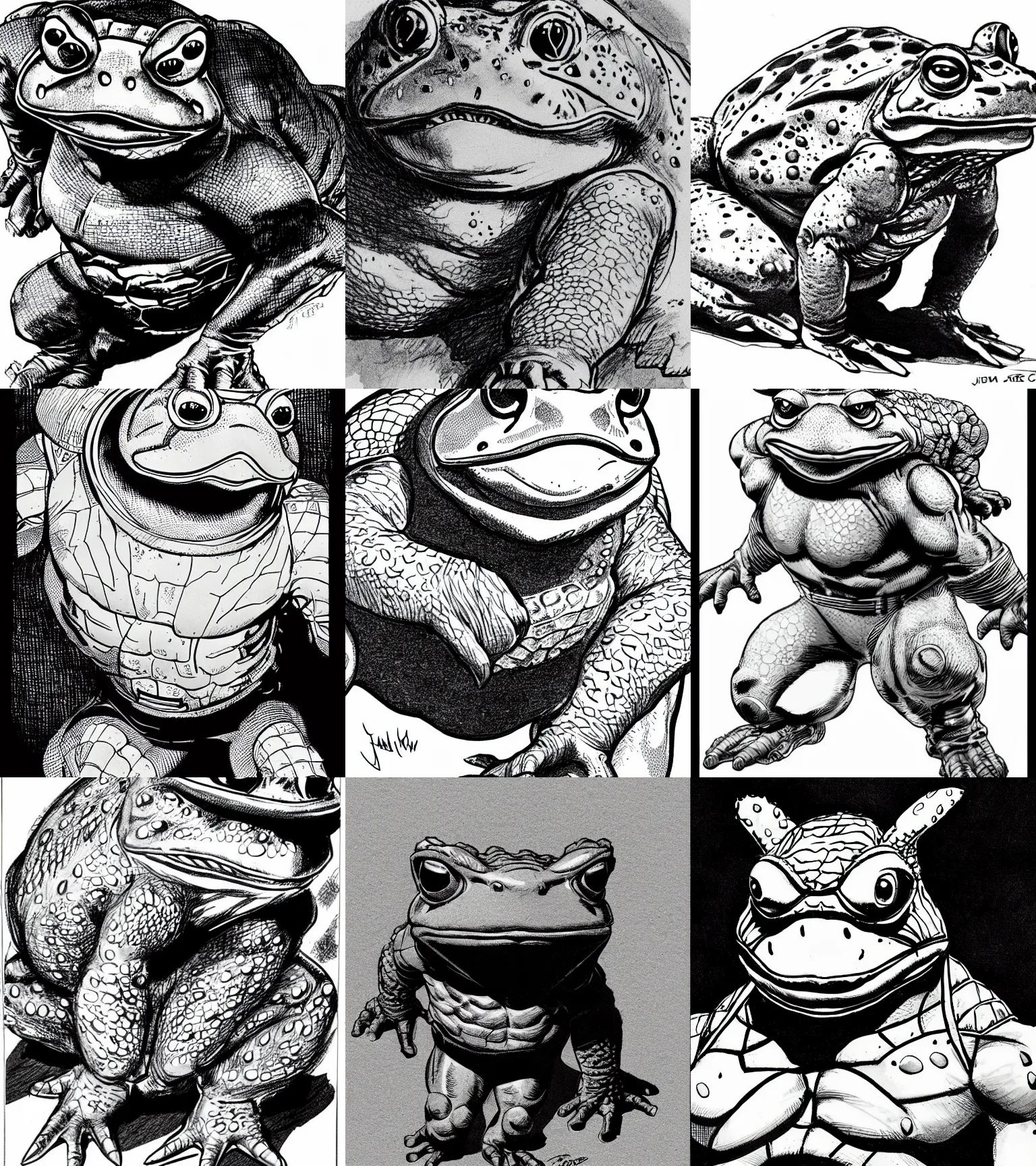 Prompt: toad animal!!! jim lee!!! close up shot!! flat grayscale ink sketch by jim lee close up in the style of jim lee, armored hunter hulk toad animal looks at the camera by jim lee