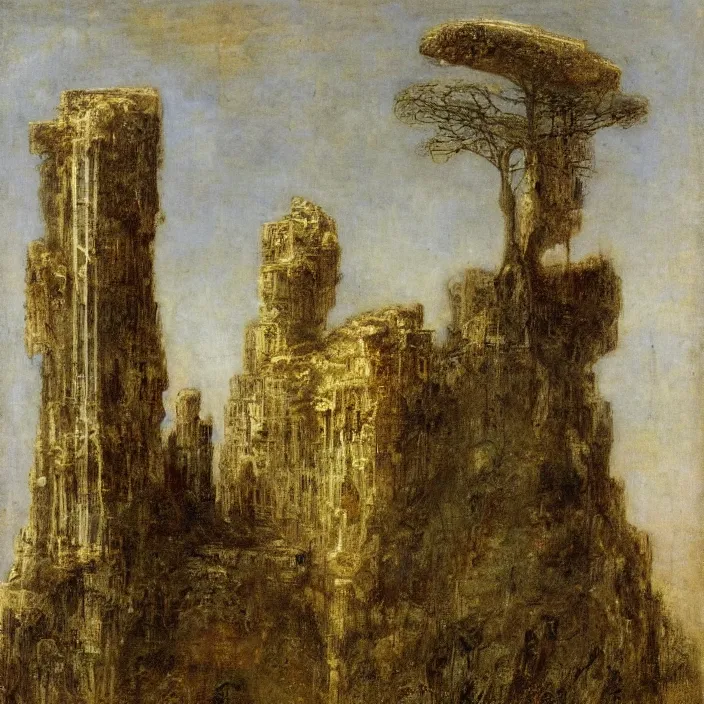 Image similar to a building in a landscape, by gustave moreau