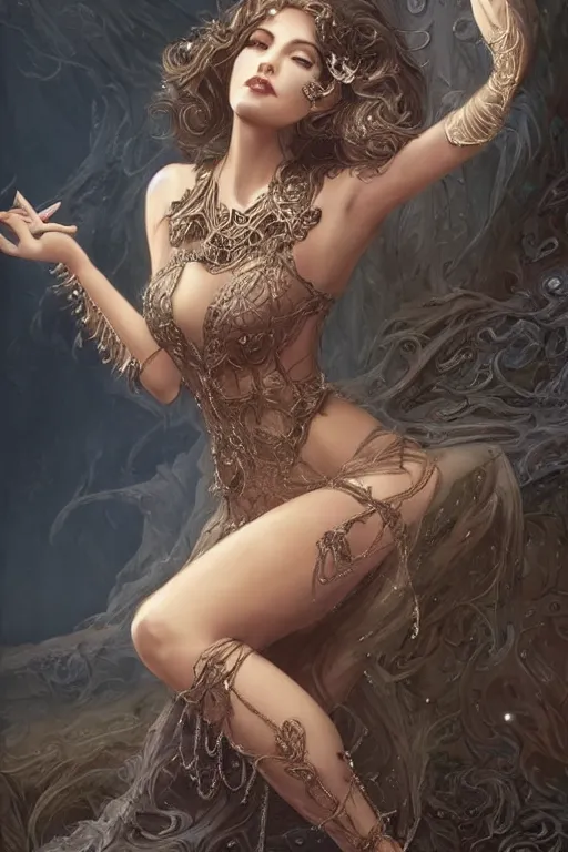 Prompt: sexy young woman sitting, fantasy, intricate, highly-detailed, elegant, dramatic lighting, gorgeous face, lifelike, photorealistic face, long luxurious gown, digital painting, artstation, illustration, concept art, smooth, sharp focus, art by Jude Palencar, Luis Royo, John Collier and Albert Aublet and Krenz Cushart and Artem Demura and Alphonse Mucha