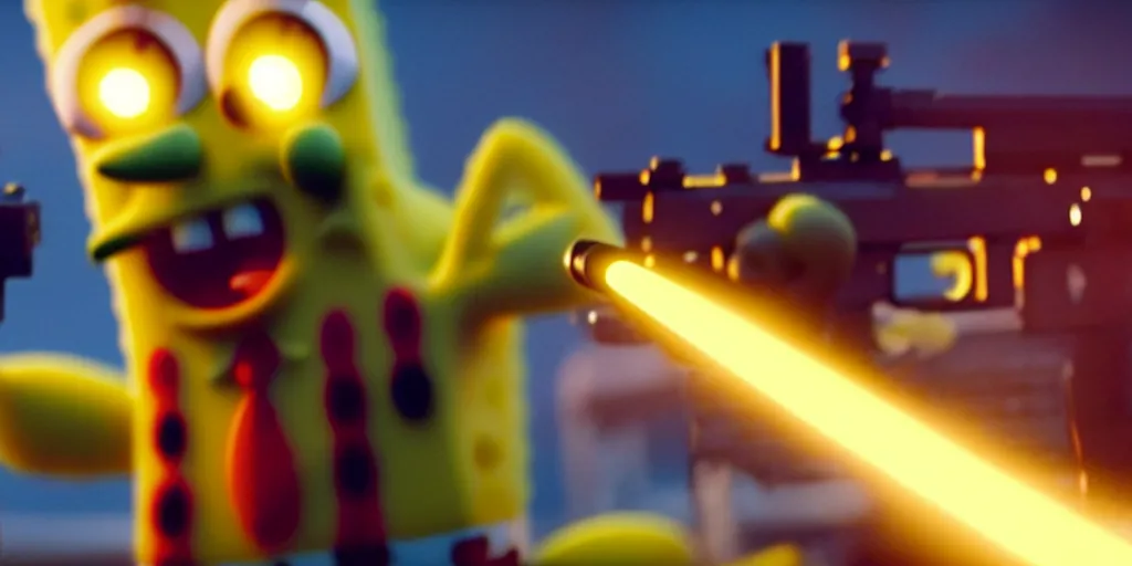 Prompt: high detail movie still of ultra realistic spongebob squarepants shooting an ak - 4 7 machine gun with muzzle flash, cinematic framing rule of thirds, cinematic light, in the style of battle field 5