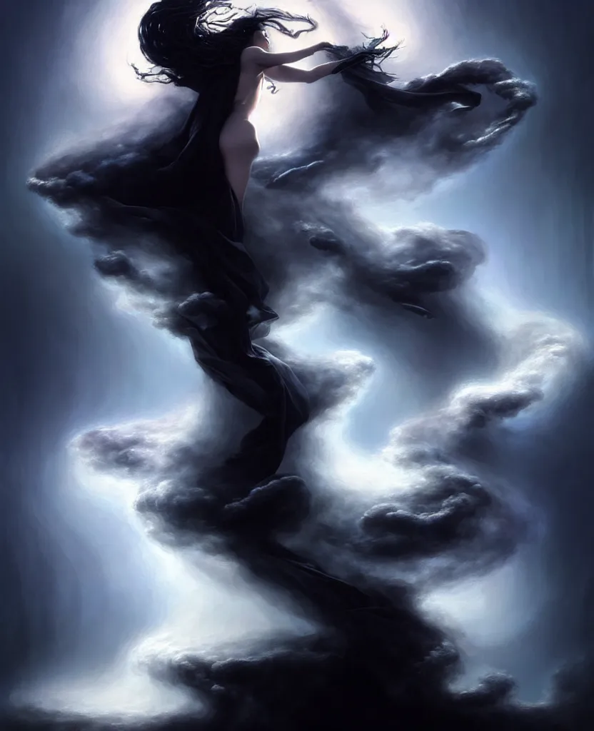 Prompt: digital painting of a magical woman covered in black smoke from heaven, notan sun, abstract, surreal, painted by michael whelan, artgerm, greg rutkowski and luis royo