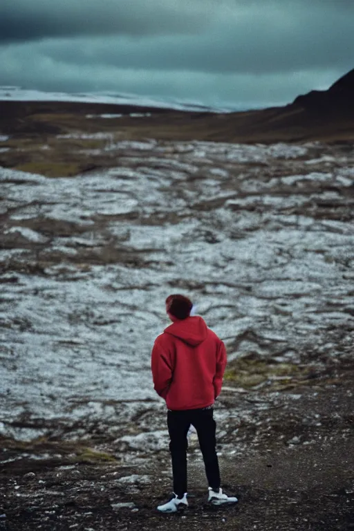 Image similar to kodak color plus 2 0 0 photograph of a skinny guy looking at beautiful iceland scenery, front view, vaporwave colors, grain, moody lighting, moody aesthetic,