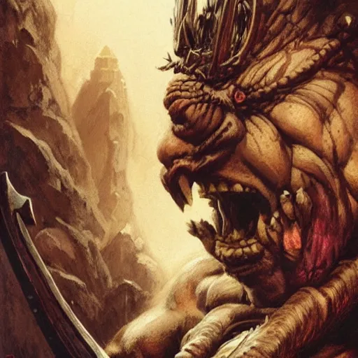 Image similar to head and shoulders portrait of an ogre barbarian, d & d, fantasy, greg rutkowski, frank frazetta, alexandre chaudret, boris vallejo, michael whelan, miro petrov, hr giger, magali villeneuve, donato giancola