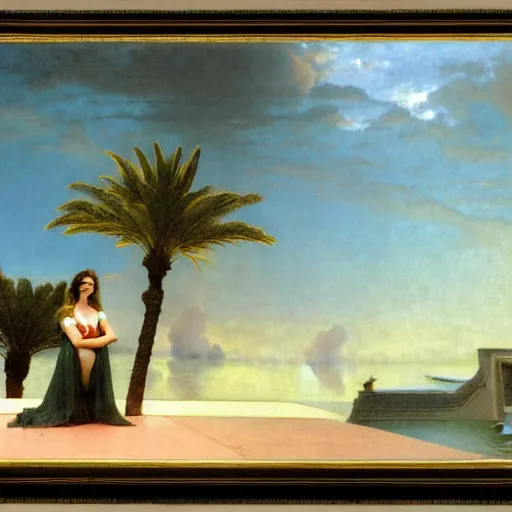 Image similar to Silhouette of two girls at the palace, thunderstorm, greek pool, beach and palm trees on the background major arcana sky, by paul delaroche, alphonse mucha and arnold böcklin arnold böcklin hyperrealistic 8k, very detailed