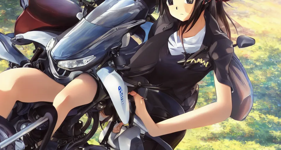 Image similar to close up of a high definition anime girl in a 1998 black Yamaha V80 motorbike with armenia quindio in the background , Artwork by Makoto Shinkai, pixiv, 8k, official media, wallpaper, hd