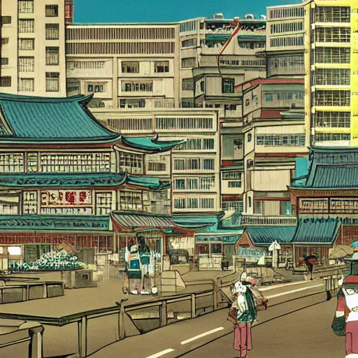 Image similar to japanese fishing town, japanese city, underground city, modern city, tokyo - esque town, 2 0 0 1 anime, cel - shading, compact buildings, sepia sunshine