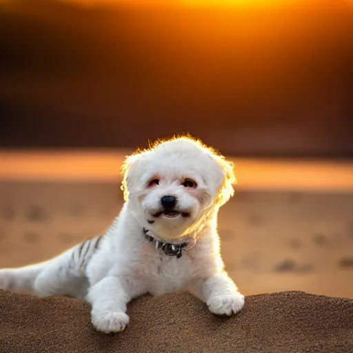 Prompt: a closeup photorealistic photograph of a cute smiling tiger bichon puppy laying out at the beach during sunset. professional capture, well lit shot. this 4 k hd image is trending on artstation, featured on behance, well - rendered, extra crisp, features intricate detail, epic composition and the style of unreal engine.