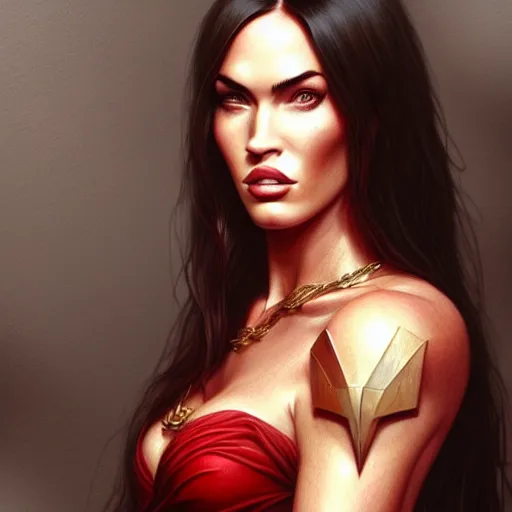 Image similar to portrait of megan fox, muscular upper body, greek, jewelry, red dress, fantasy, intricate, elegant, highly detailed, digital painting, artstation, concept art, matte, sharp focus, illustration, art by aenaluck and roberto ferri and greg rutkowski, epic fantasy, digital painting