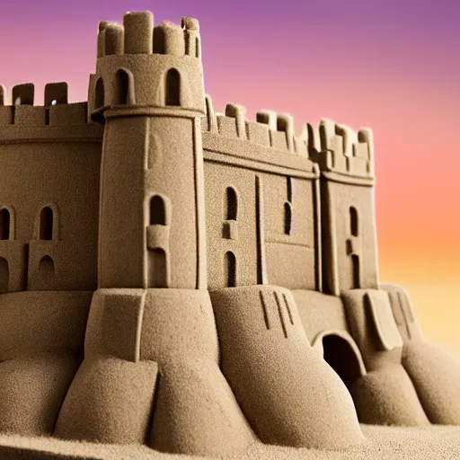 Prompt: full - size tower of london sandcastle, tiltshift, uniformed guards patrol, sunset