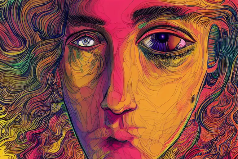 Image similar to eyes looking at the camera, contempt, disdain look, inquisitive, psychedelic art, artist interpretation, psychedelic interpretation, golden ratio, centered, hallucinatory art, artstation hd, 4 k