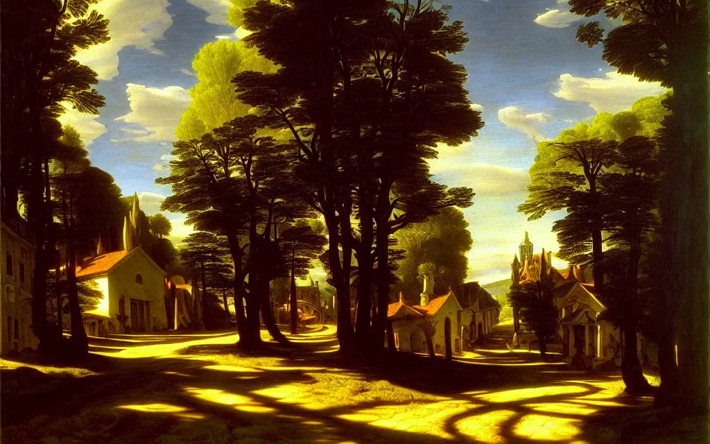 Prompt: in the style of gerald brom, caravaggio, thomas cole, beautiful small town, houses and buildings, 1 8 0 0 s, cobblestone roads, warm light, mid day, trees, forest in the distance