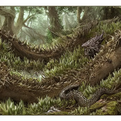 Image similar to A dragons hoard overgrown by nature,