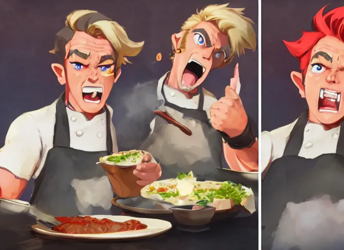 Image similar to gordon ramsey yelling screaming, at link with a shocked crying expression from zelda for cooking burnt food in the style of breath of the wild, artstation, krenz cushart, makoto shinkai