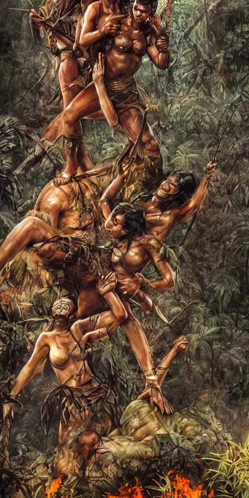 Image similar to editorial photo of brutal battle in burning jungle, african and Amazonian climbing onto another and fight, epic, vintage, blood, slight inspiration of Boris vallejo and apocalypto, war photography