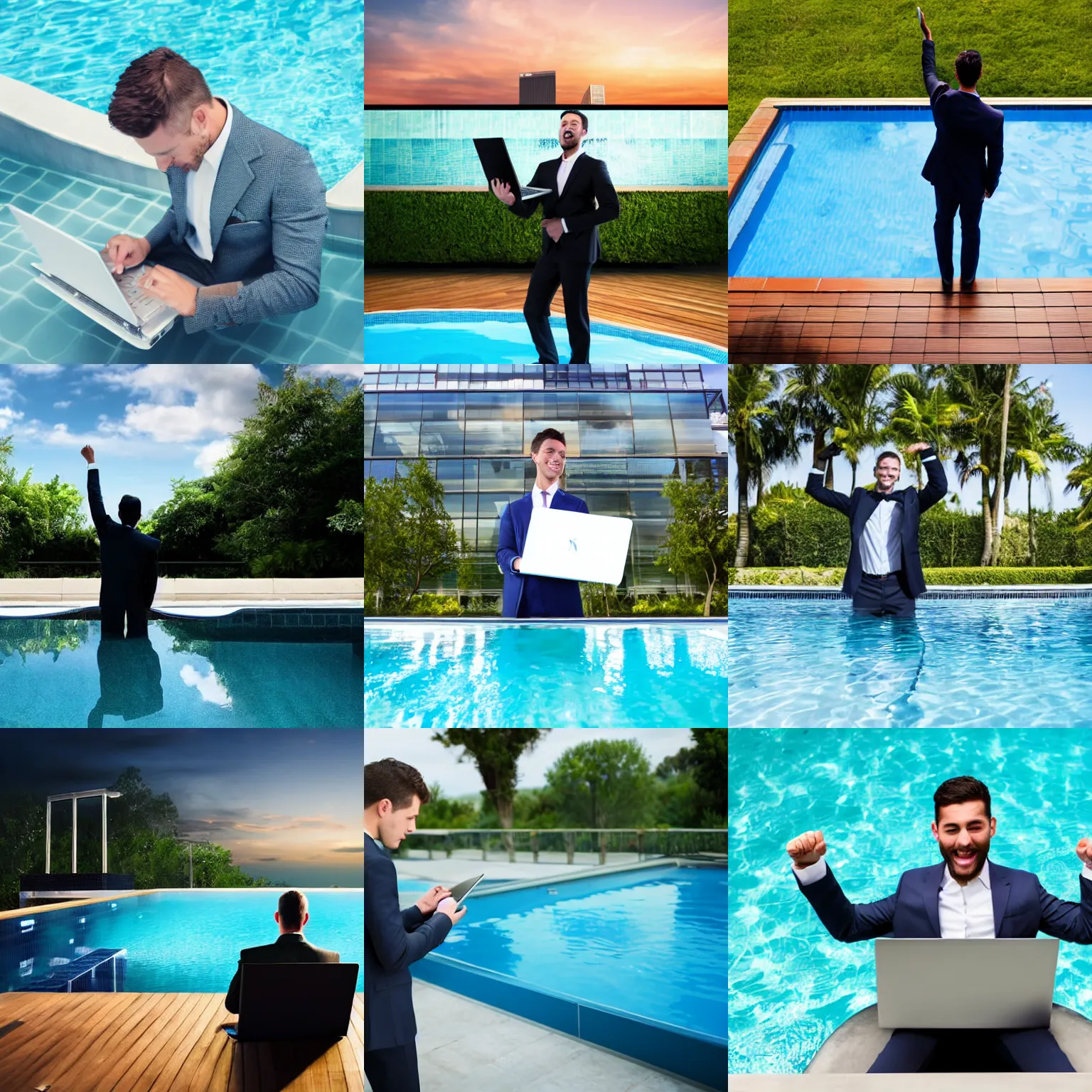 Prompt: a man in a suit standing in a pool, using a laptop perched on the side of the pool. he has a fist raised triumphantly as he scores a new business deal. stock photograph, high resolution, ad image, 4 k, getty images.