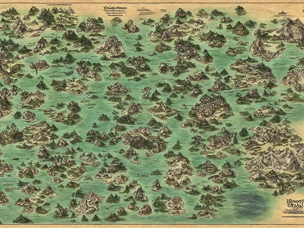 Image similar to an incredibly detailed map of a fantasy world with elaborate biomes and illustrations