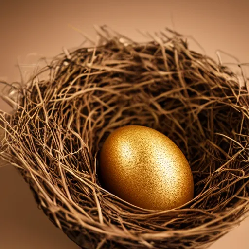 Image similar to a golden egg standing in a nest, studio shot, cinematic lighting, award winning, photography, 8 k