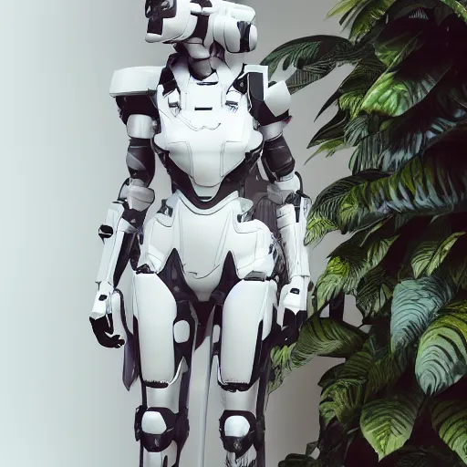 Image similar to 3 d doja cat wearing mecha armor and techwear clothing, in a room filled with beautiful house plants, futuristic, white, clean, bohemian, video game style, square enix style, beautiful colors, i robot colors, octane render, dynamic lighting, highly detailed, character art