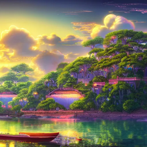 Image similar to the aesthetic view of the beautiful, grand, wistful, dreamy lonely island at dusk, hyperrealistic anime illustration by iralki nadar, colorful, extremely detailed, intricate linework, super sharp focus, bright colors, octopath traveler, studio ghibli, unreal engine 5 highly rendered, global illumination, radiant light, detailed and intricate environment