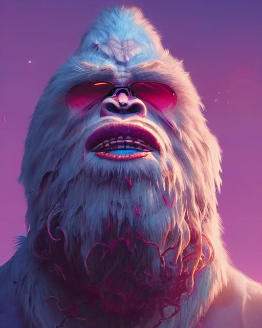 Image similar to highly detailed surreal vfx portrait of a wicked yeti, stephen bliss, unreal engine, greg rutkowski, loish, rhads, beeple, makoto shinkai and lois van baarle, ilya kuvshinov, rossdraws, tom bagshaw, alphonse mucha, global illumination, detailed and intricate environment