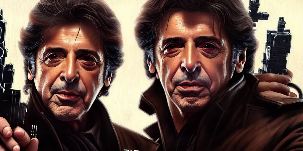 Image similar to al pacino as han solo, cinematic, highly detailed, digital painting, artstation, concept art, matte, sharp focus, illustration, art by artgerm and greg rutkowski and alphonse mucha