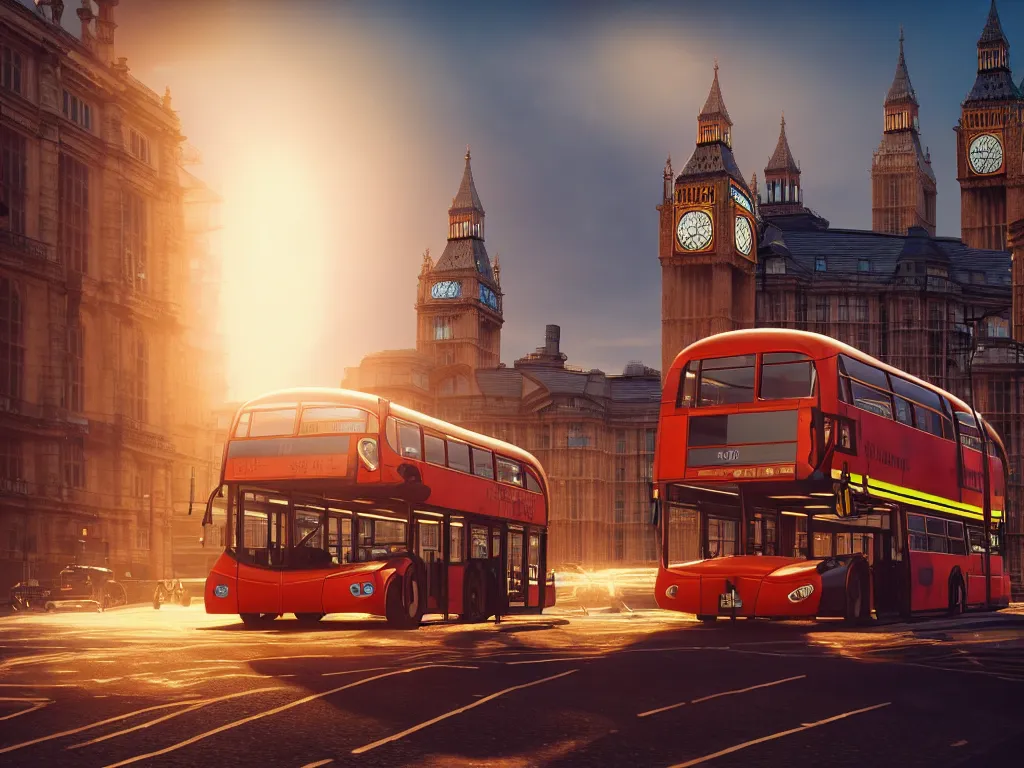 Prompt: an ancient beautiful cyborg with glowing eyes in the city of London, westminster in background, london bus, colourful, dramatic lighting, golden hour, very detailed octane render very realistic beautiful