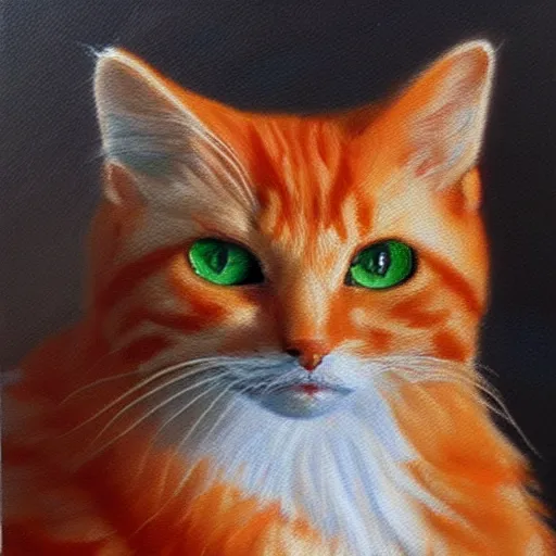 Prompt: oil painting of longhaired light orange and medium orange cat with green eyes, bushy tail, pointy ears, artistic, elegant,