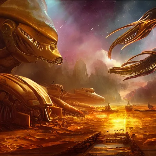 Image similar to flea market in another galaxy, fantastic plot, alien creatures, beautiful fantasy detailed trending on artstation, oil painting, dramatic lighting, eterea, high quality print, fine art with subtle redshift rendering