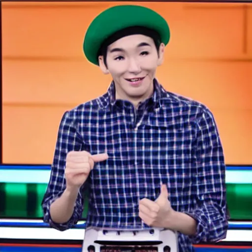 Prompt: a thin guy with an overbite wearing a beret and a palid green plaid shirt on a quiz tv show, coloful, vibrant colors