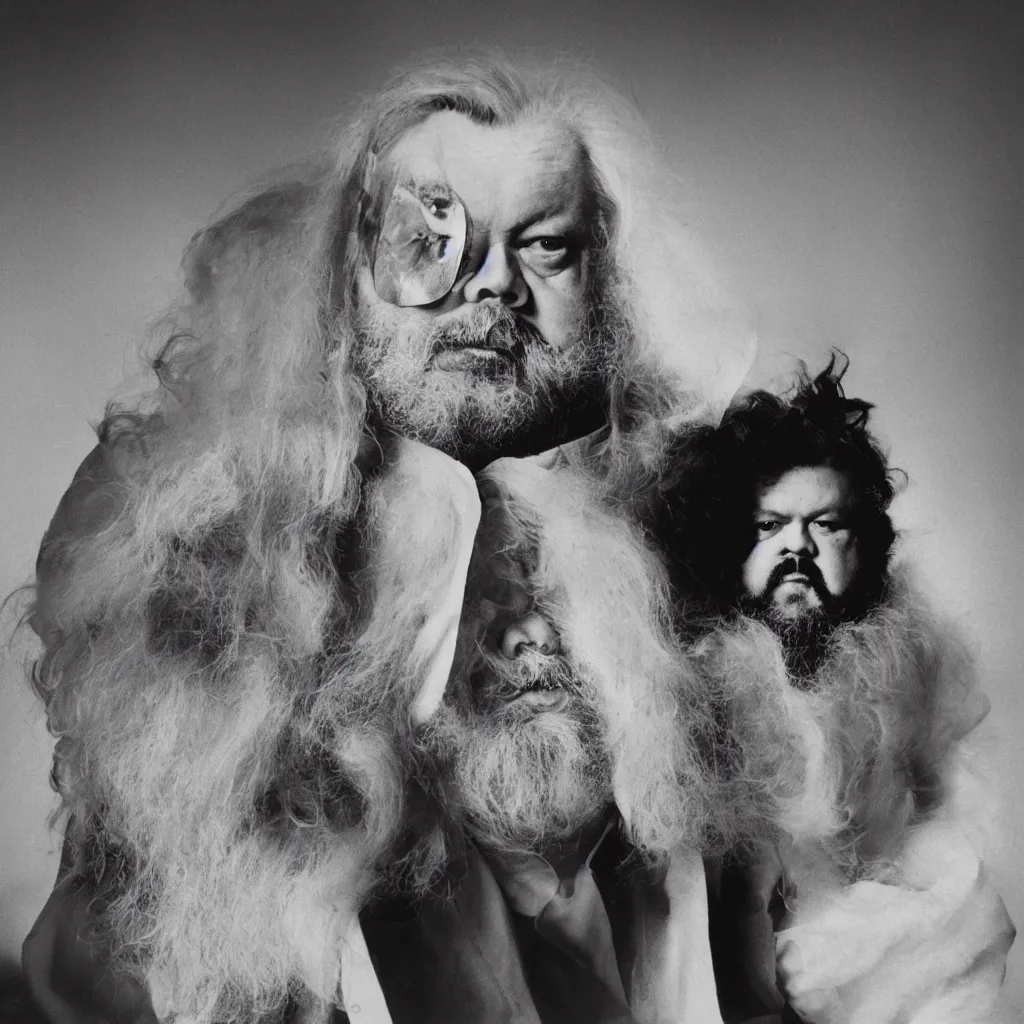 Image similar to An Alec Soth portrait photo of the moon with Orson Welles as Falstaff's face on it, the moon is wearing several horse-hair wigs, his face is on the moon