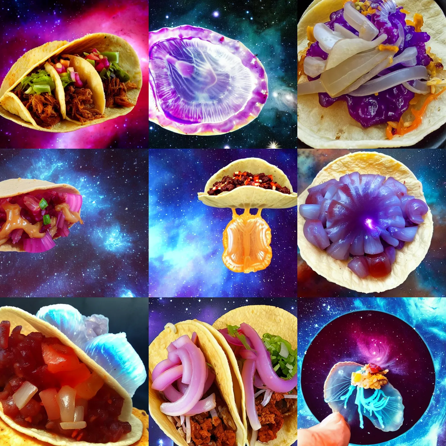 Prompt: jelly fish on a taco in a nebula, outer space with onions