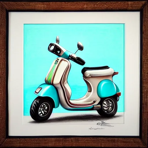 Image similar to hyper realistic pencil drawing of a turquoise vespa moped, loose water color, detailed, rim light, diffused, intricate, by anna dittmann,